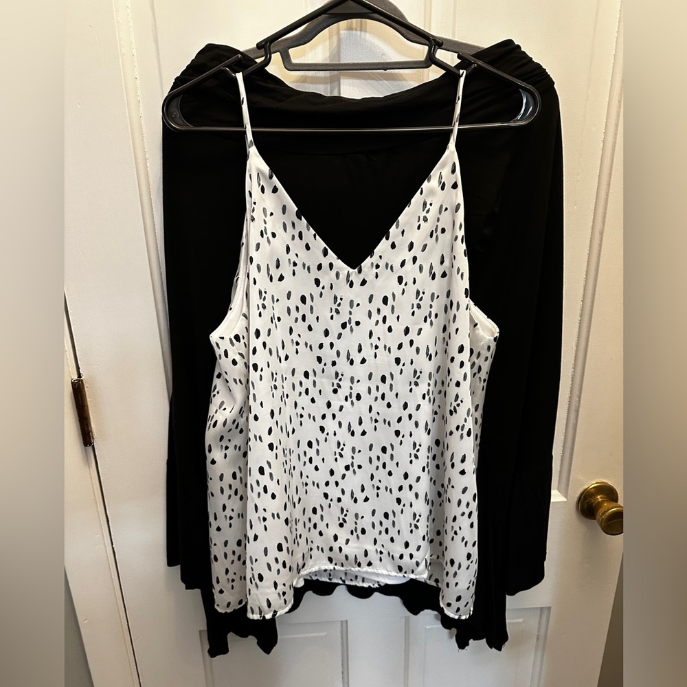 Black DJT relaxed comfy long skirt with black and white lined thin strap blouse